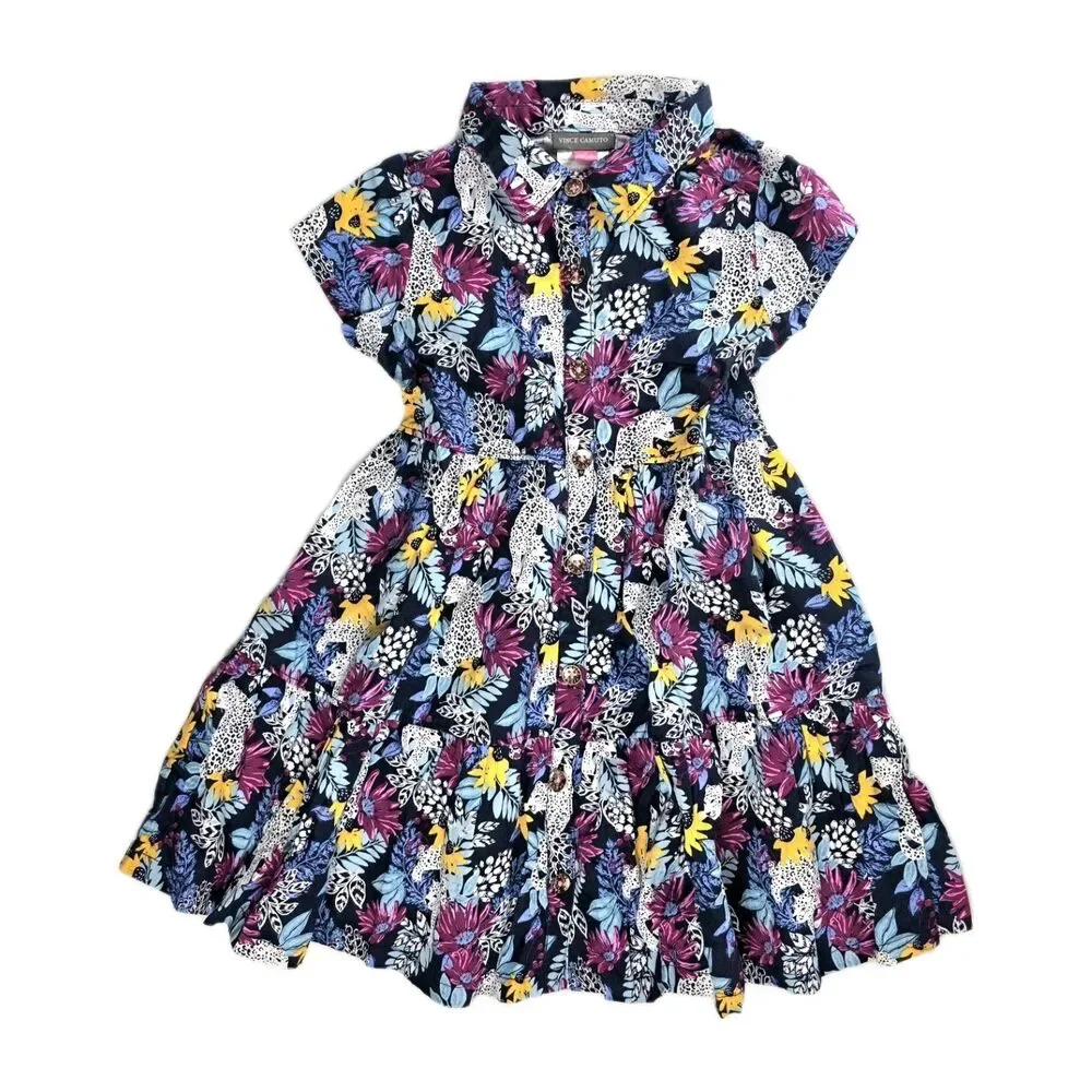 Girls Dress Size 4 Vince Camuto 100% Cotton Summer Bright Tropical Floral Tiered